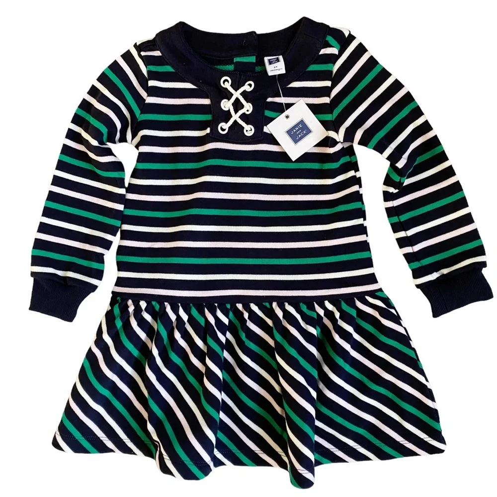 NWT Janie and Jack Dress Long Sleeve Sweatshirt Blue Green White Pink Stripe 2T